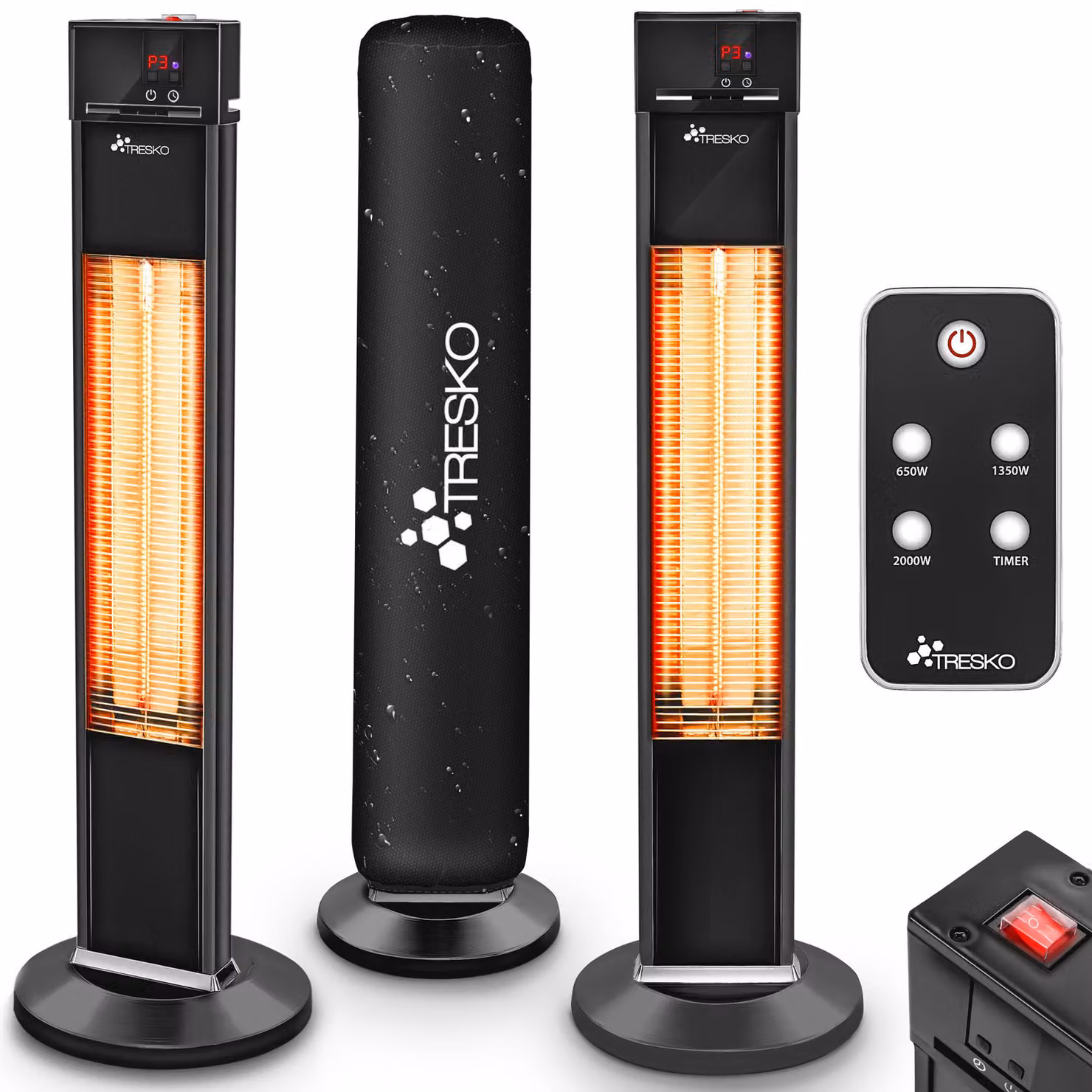TRESKO riscaldatore a infrarossi da piedistallo 2000W con telecomando e copertura | riscaldatore elettrico da terrazza con 3 impostazioni di calore | riscaldatore da terrazza per interni ed esterni | riscaldatore a infrarossi con display a LED