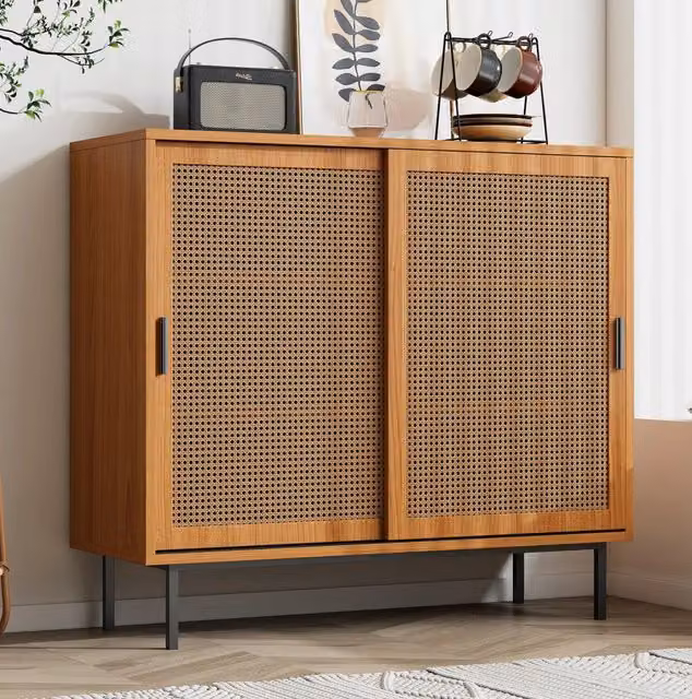 Credenza bassa MODFU con 2 ante scorrevoli in MDF e metallo, colore marrone, L: 100 cm, H: 90 cm, P: 37 cm