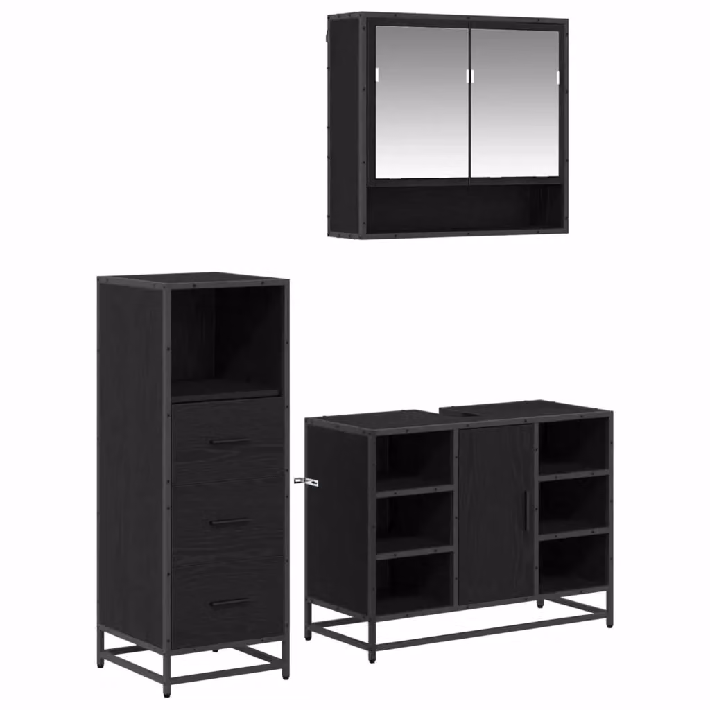 Set di mobili per il bagno vidaXL 3 pezzi in rovere e nero con armadietto specchiato, mobile lavabo e mobile laterale – 2