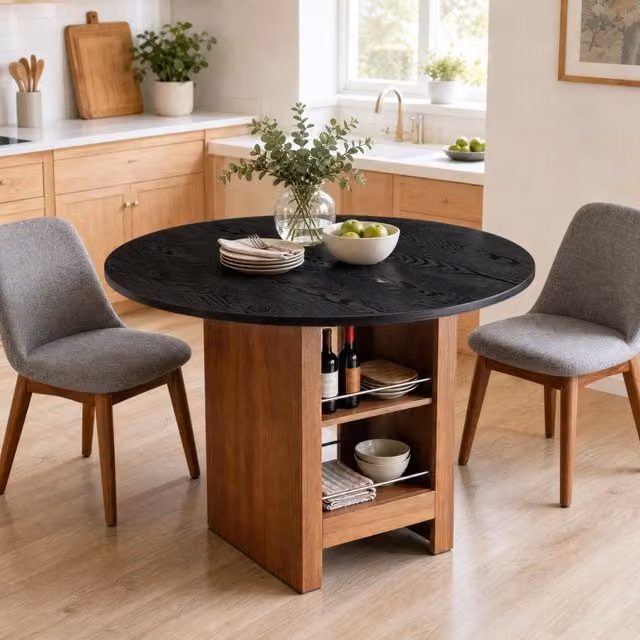 Tavolo da pranzo rotondo Ø100 cm in MDF noce e nero con ripiani
