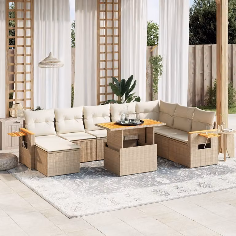 vidaXL Set Divano da Giardino 9 pz a forma di U in Polyrattan con Cuscini Beige e Tavolino da Caffè