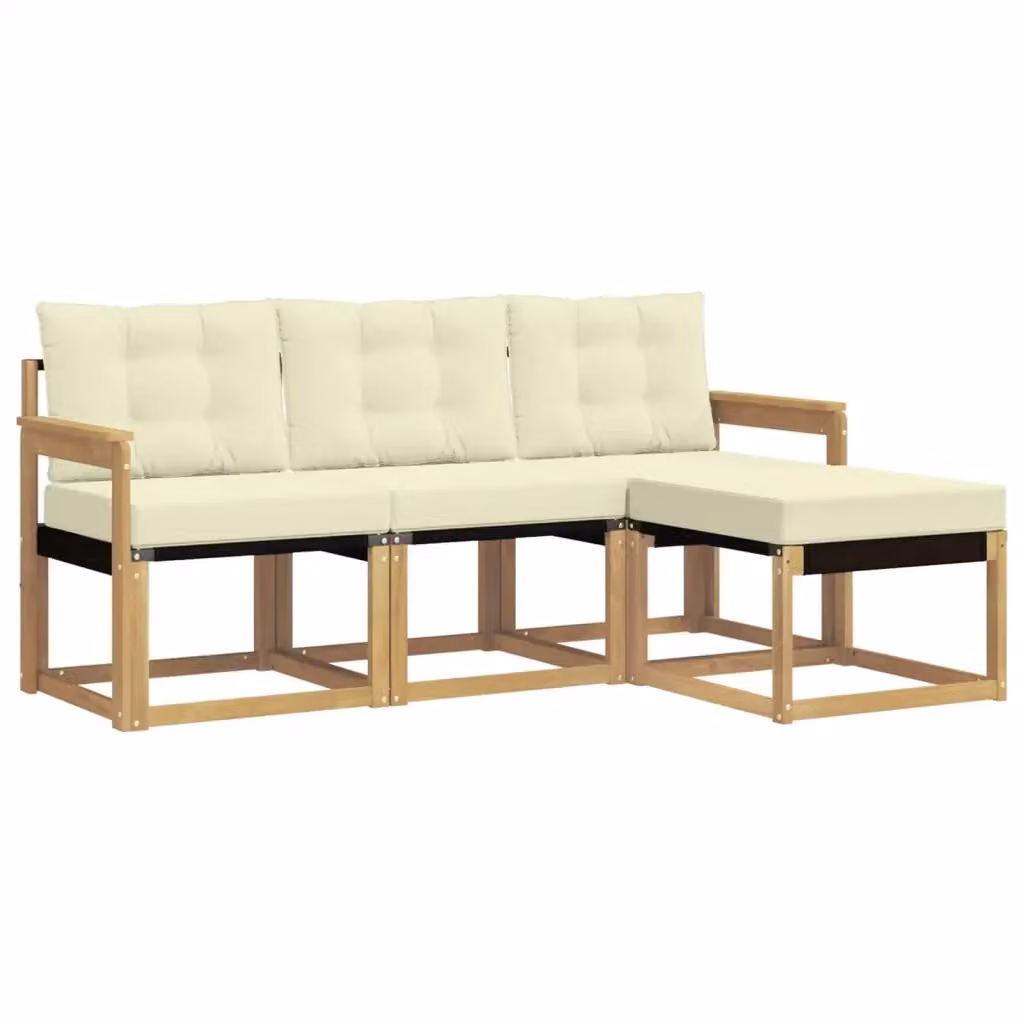 Set di divani da esterno a L con pouf vidaXL in legno di acacia e tessuto textilene, colore bianco e beige, comprensivo di cuscini – 2