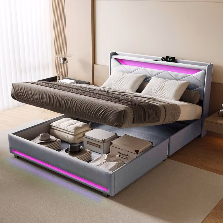Letto matrimoniale con boxspring, dimensioni 140x200 cm, con meccanismo a sollevamento idraulico, imbottitura, luci LED e prese USB/C. Letto matrimoniale, letto in legno, letto per ragazzi, rivestito in lino, colore grigio.