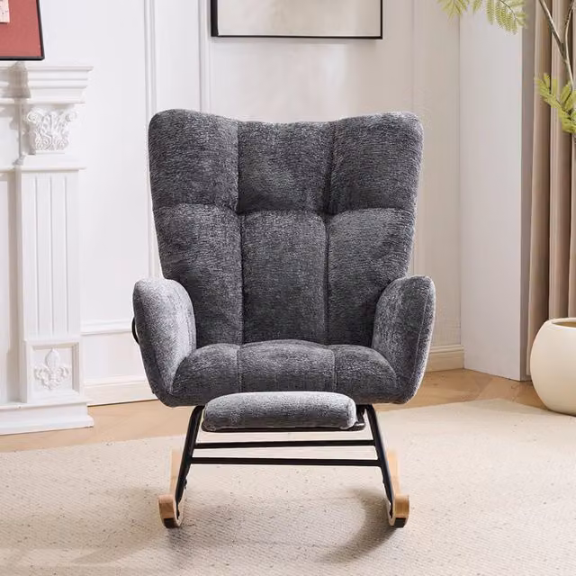 Poltrona a dondolo relax OKWISH ergonomica in tessuto grigio con schienale alto, braccioli e poggiapiedi integrato