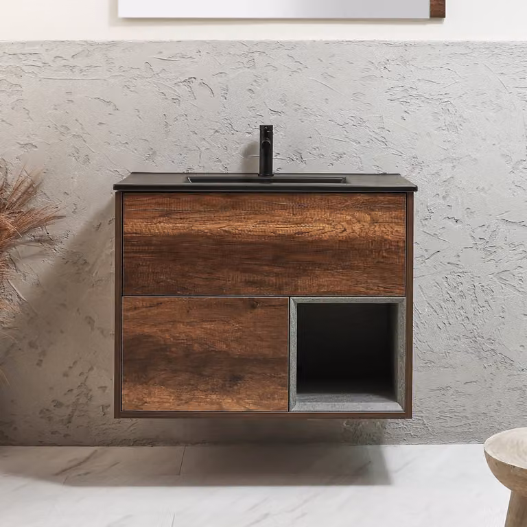 Mobile Bagno Sospeso Hoxton con Lavabo Color Grafite e Ripiano Aperto in Rovere Scuro HudsonReed L: 81,2 cm, P: 60 cm, H: 45,6 cm