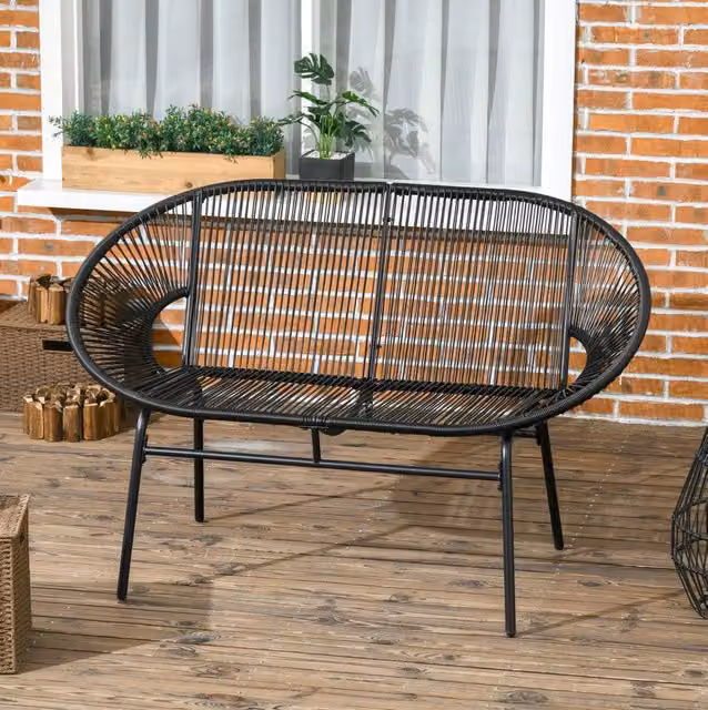 Panca da Giardino 2 posti in Polyrattan con Struttura in Acciaio Nero, Portata 260 kg, per Terrazza e Balcone