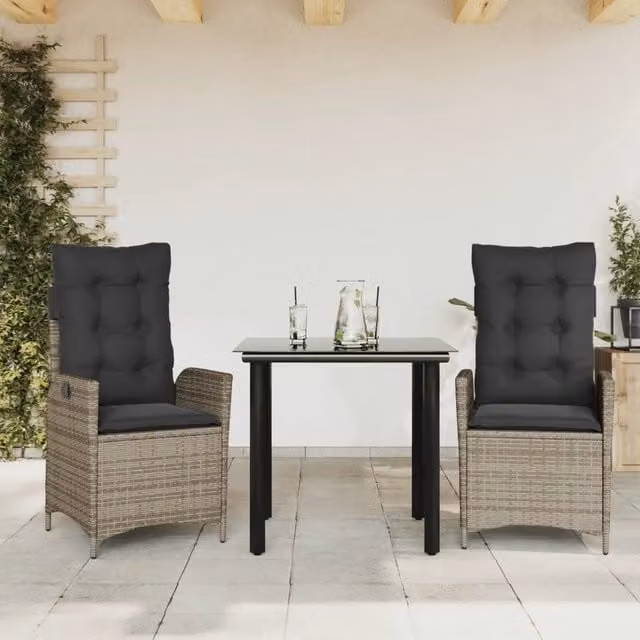 Set da pranzo da giardino moderno vidaXL in polyrattan e vetro con cuscini, colore grigio e nero – 1