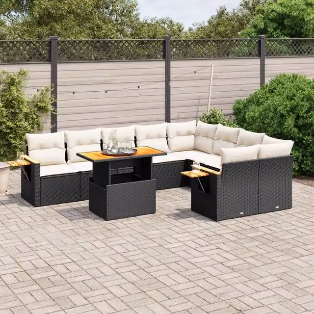 Set Divani da Giardino 10pz con Cuscini in Polyrattan Nero 3273674