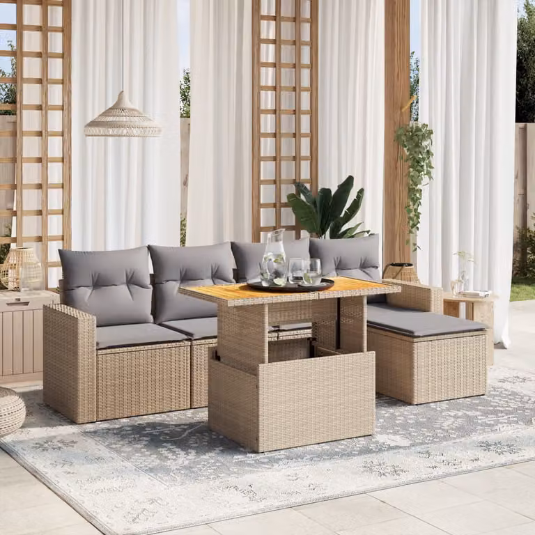 vidaXL Set Divano da Giardino a L con Ottoman e Tavolino da Caffè, 6 Pezzi, Colore Grigio e Beige, in Polyrattan e Legno di Acacia