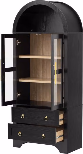 Credenza Alta Nera 180 cm con Ante in Vetro Trasparente; Ripiani Regolabili; 2 Cassetti e Maniglie Dorate per Cucina e Soggiorno