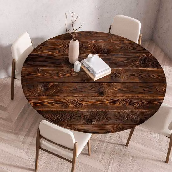 Tovaglia con bordo elastico, forma rotonda, piegata, stampata in 3D, lavabile, per interni ed esterni, lavabile, per cucina, sala da pranzo, tavoli da picnic, 110 cm, legno scuro