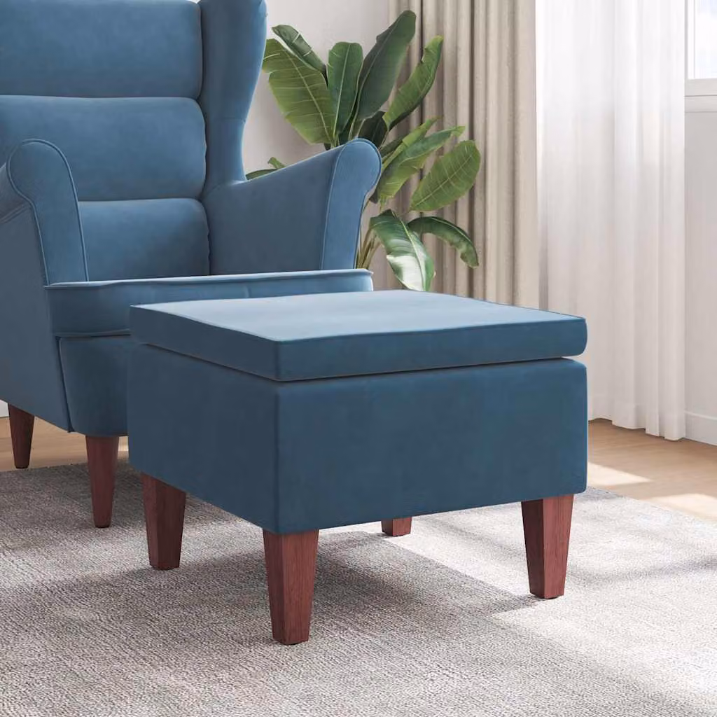 Poggiapiedi vidaXL in velluto blu con gambe in legno per soggiorno e corridoio L: 52 cm, P: 42 cm, H: 42 cm