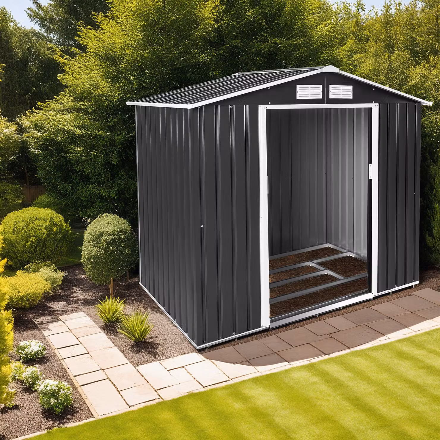 Casetta da giardino moderna TecTake GmbH con tetto a doppia falda e porte scorrevoli, grigio/bianco, L: 214 cm, P: 185 cm, H: 130 cm – 2