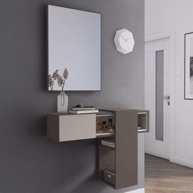 Mobile da ingresso DMORA con specchio, moderno, Grigio e Beige, L: 100 cm, P: 31 cm, H: 75 cm