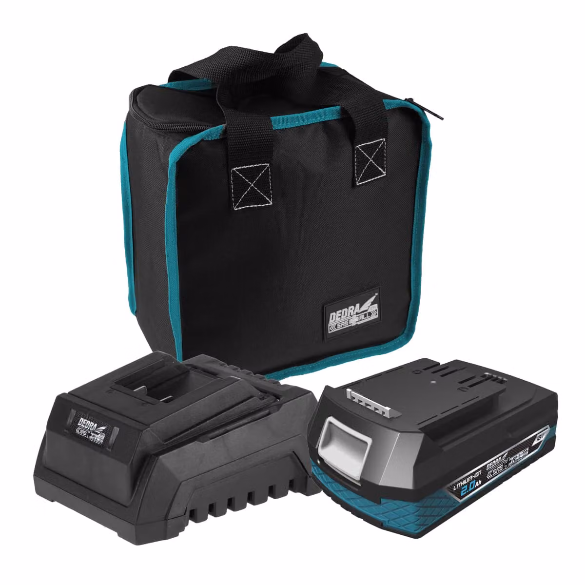 Kit Iniziale Dedra Sas+All Ded7030G01: Batteria 2Ah Ded7032, Caricabatteria Dedra Sas Ded7038, Borsa Portautensili Ded7001B
