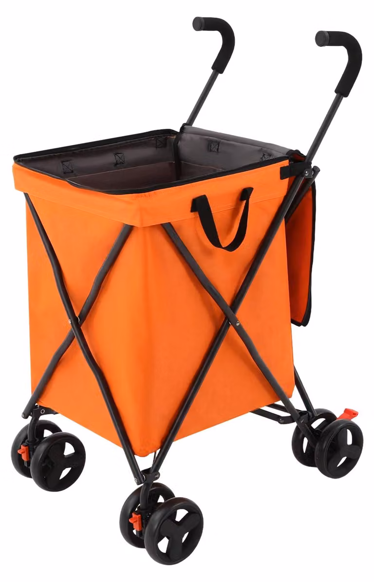 Carrello della spesa, design pieghevole, ruote in gomma, colore arancione
