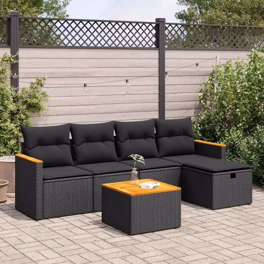 Set Divano da Giardino vidaXL 6 pz in Polyrattan con Cuscini, Forma a L, Colore Nero e Marrone