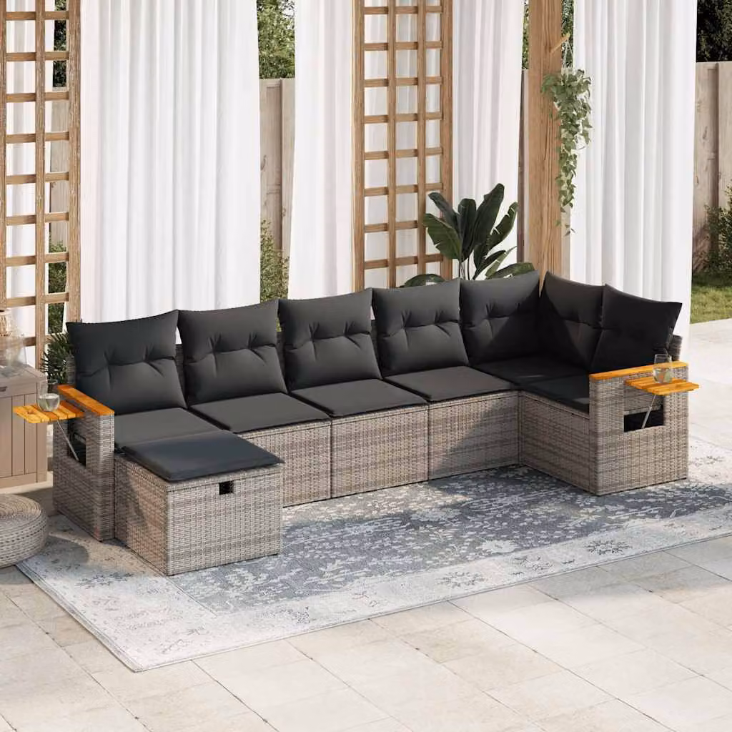 Set di divani da giardino vidaXL a forma di L composto da 7 pezzi in polyrattan e legno di acacia con cuscini grigi e coperture rimovibili