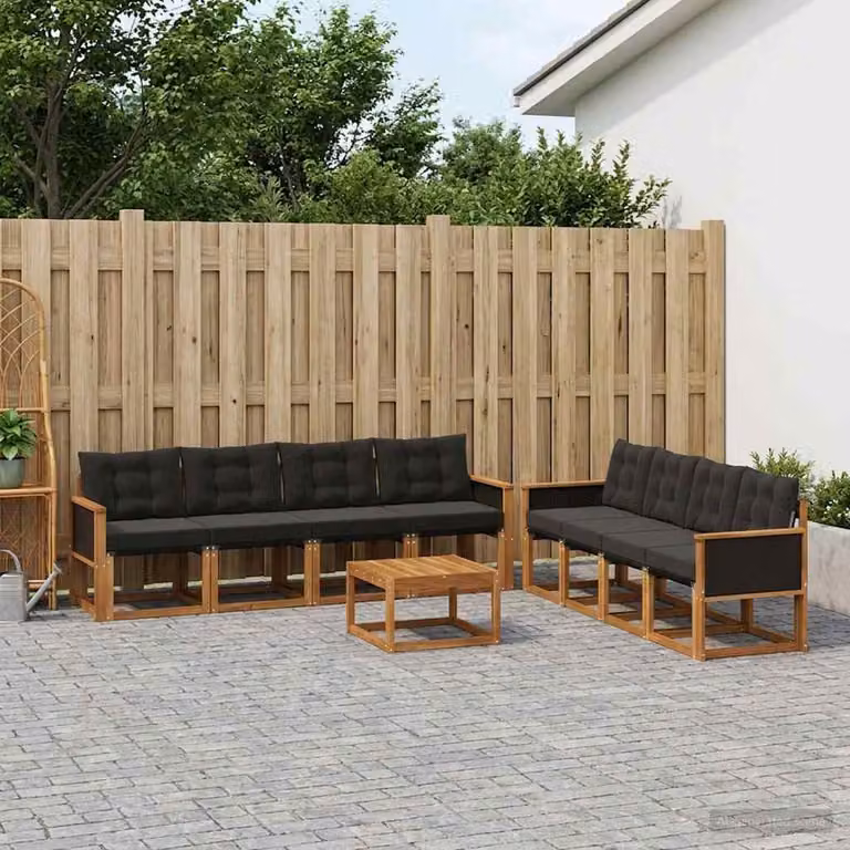 vidaXL Set di divani da esterno a L composto da 9 pezzi in legno di acacia e textilene, colore marrone e nero
