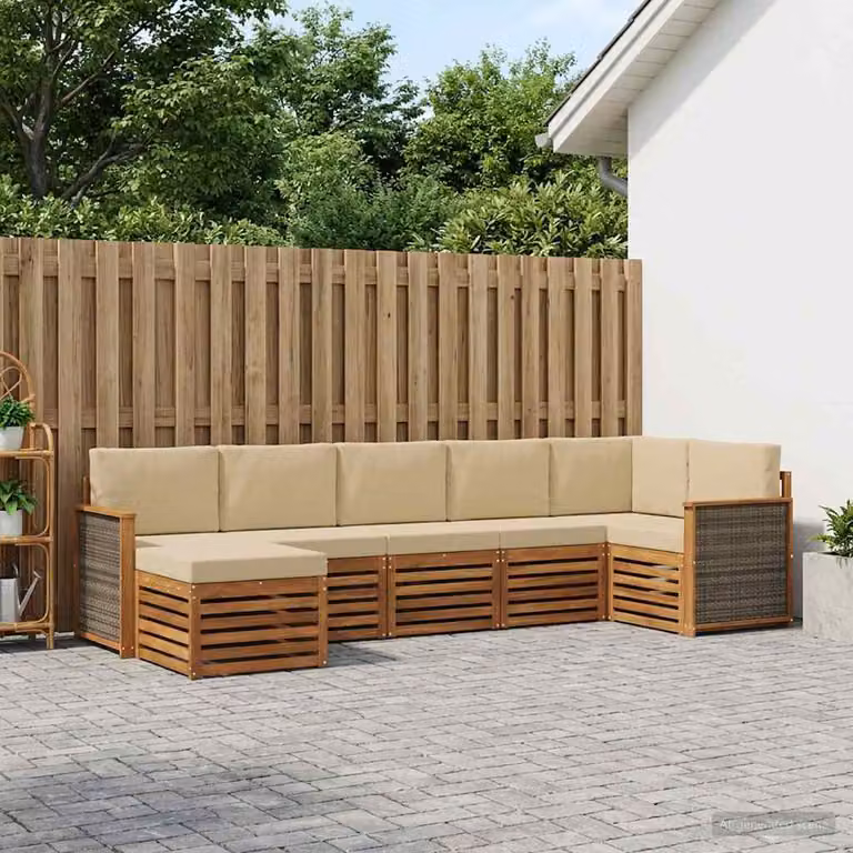Set di divani da esterno vidaXL 6 pz in legno di acacia con cuscini, forma a L, colore beige e marrone