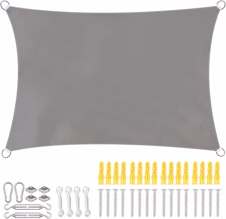 Telo parasole rettangolare, dimensioni 2 x 3 metri, realizzato in tessuto 420D con rivestimento in PU, impermeabile, completo di kit di fissaggio, adatto per uso esterno