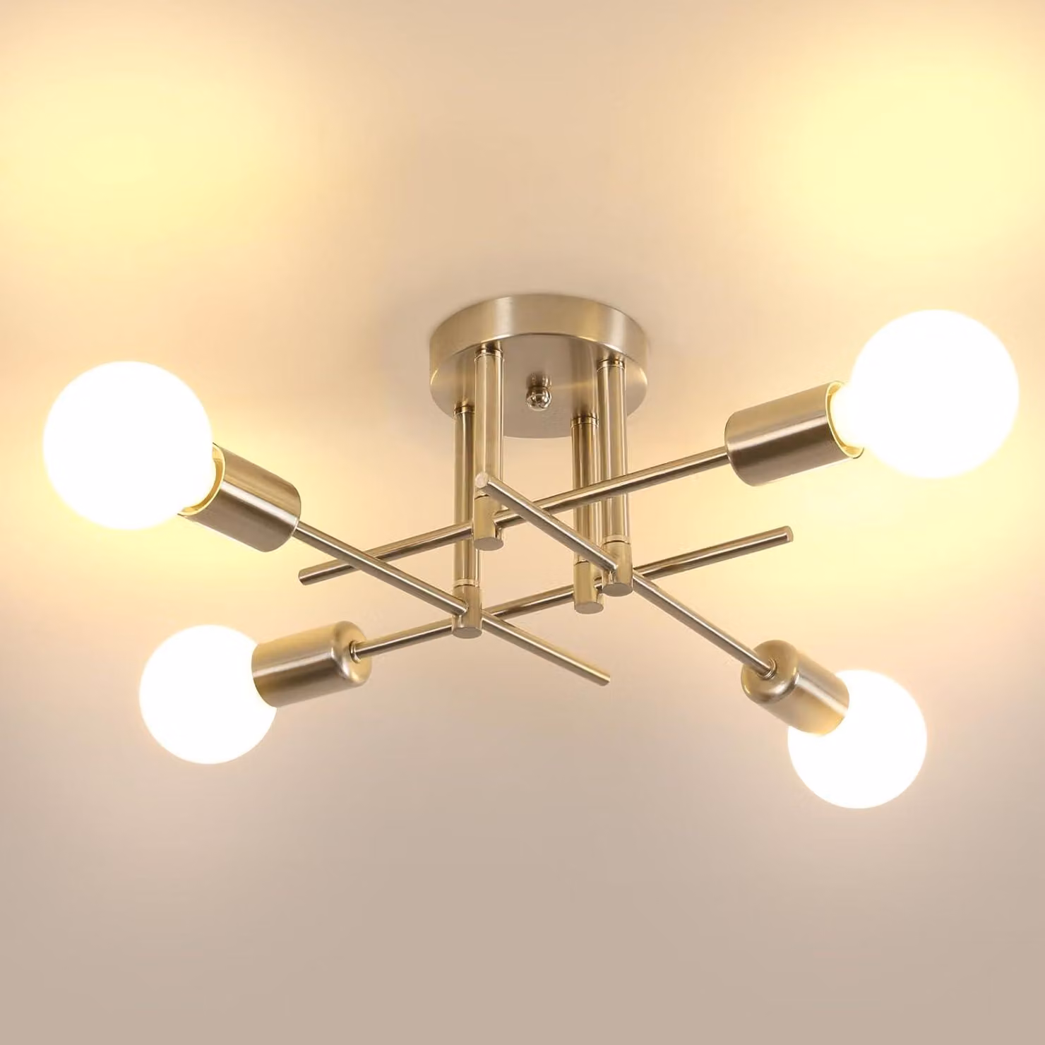 Lampada a soffitto vintage, 4 luci, stile Sputnik, attacco E27, finitura nichel. Dimensioni: 43 cm