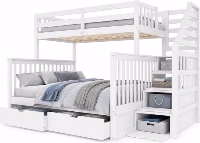Letto a castello per bambini REDOM in legno di pino e MDF bianco con cassetti e struttura a casetta L/P/H: 200 x 90/140 x altezza variabile cm