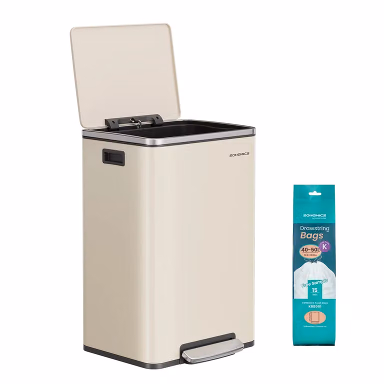 Pattumiera in acciaio 50 L con pedale e coperchio, Crema