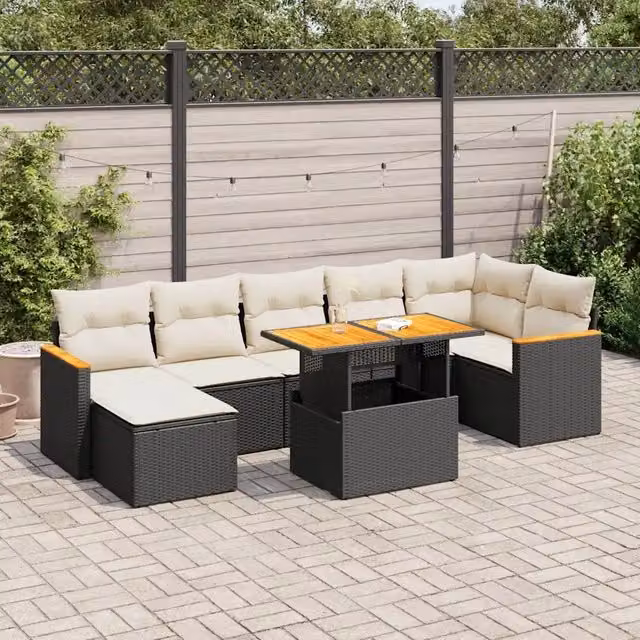Set Divani da Giardino con Cuscini 8 pz Nero Polyrattan Acacia 3327514