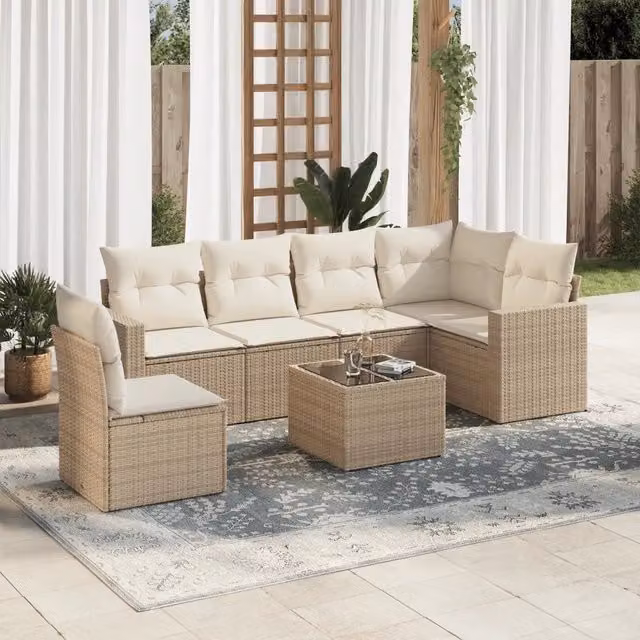 Set Divani da Giardino 7 pz con Cuscini Beige in Polyrattan 3251375