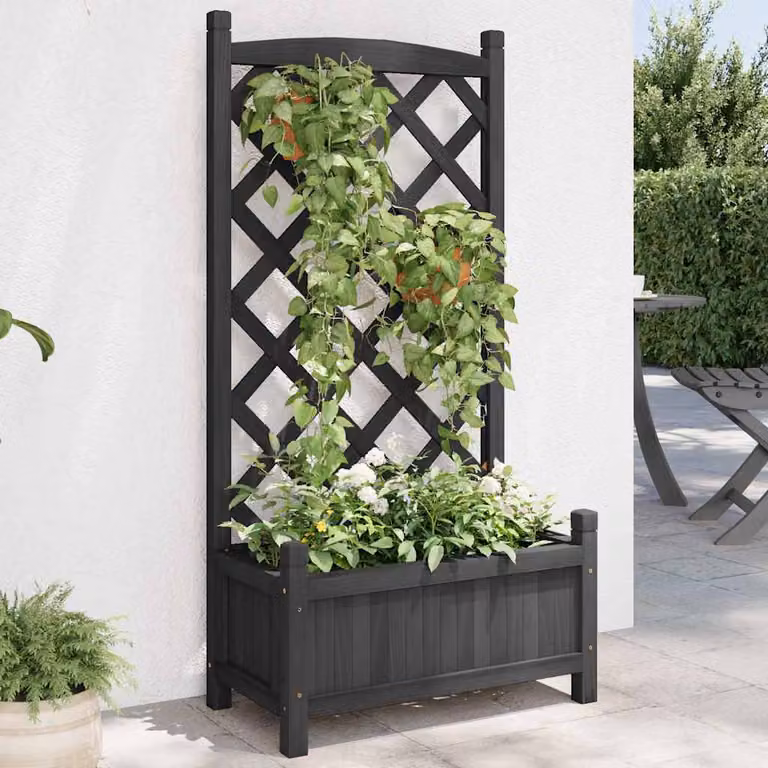Fioriera con Traliccio vidaXL in Legno di Abete Massello, Colore Nero, L: 55 cm, P: 29,5 cm, H: 110 cm