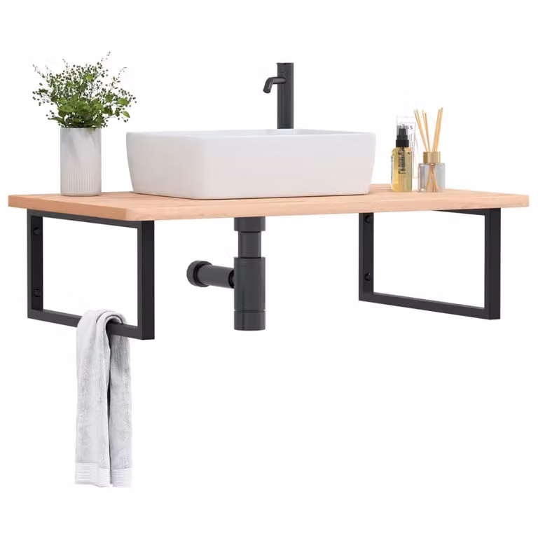 vidaXL Ripiano da parete per bagno in metallo nero e legno di faggio naturale