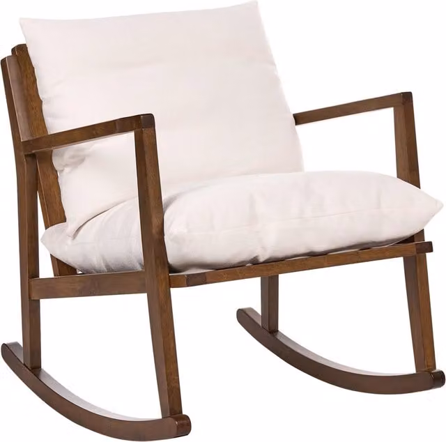 Poltrona a dondolo con rivestimento in poliestere struttura in legno di gomma marrone stile scandinavo tessuto beige chiaro