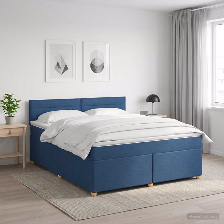 Letto box spring con materasso ibrido vidaXL in tessuto blu e bianco, L/P: 160 x 200 cm