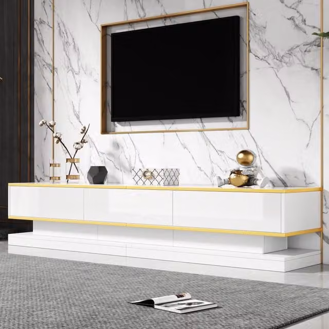 Mobile TV FOLYNA moderno in pannello truciolare bianco caldo con bordo dorato, dotato di 3 cassetti e ripiani aperti, L 200 x P 40 x H 40 cm – 1