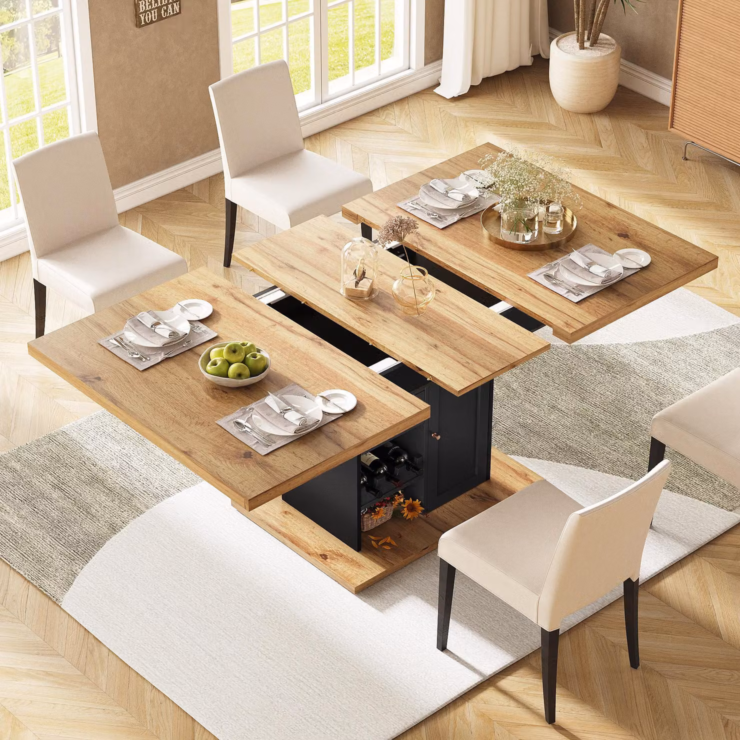 Tavolo da pranzo Flieks allungabile, tavolo telescopico con armadio, tavolo 110-140x80x75 cm, tavolo da cucina rettangolare, colore legno e nero
