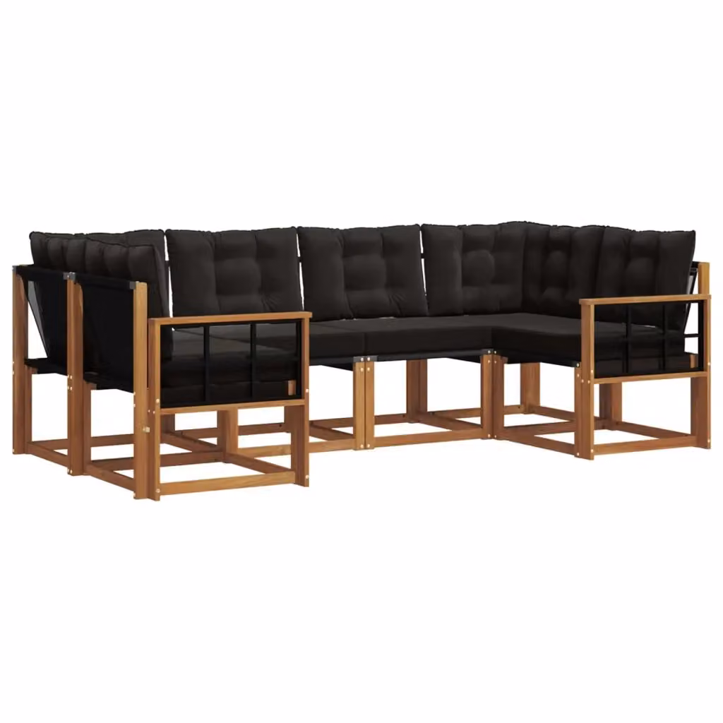 Set di divani da esterno a L vidaXL in legno di acacia e textilene, colore marrone e nero, composto da 6 pezzi con cuscini inclusi – 2