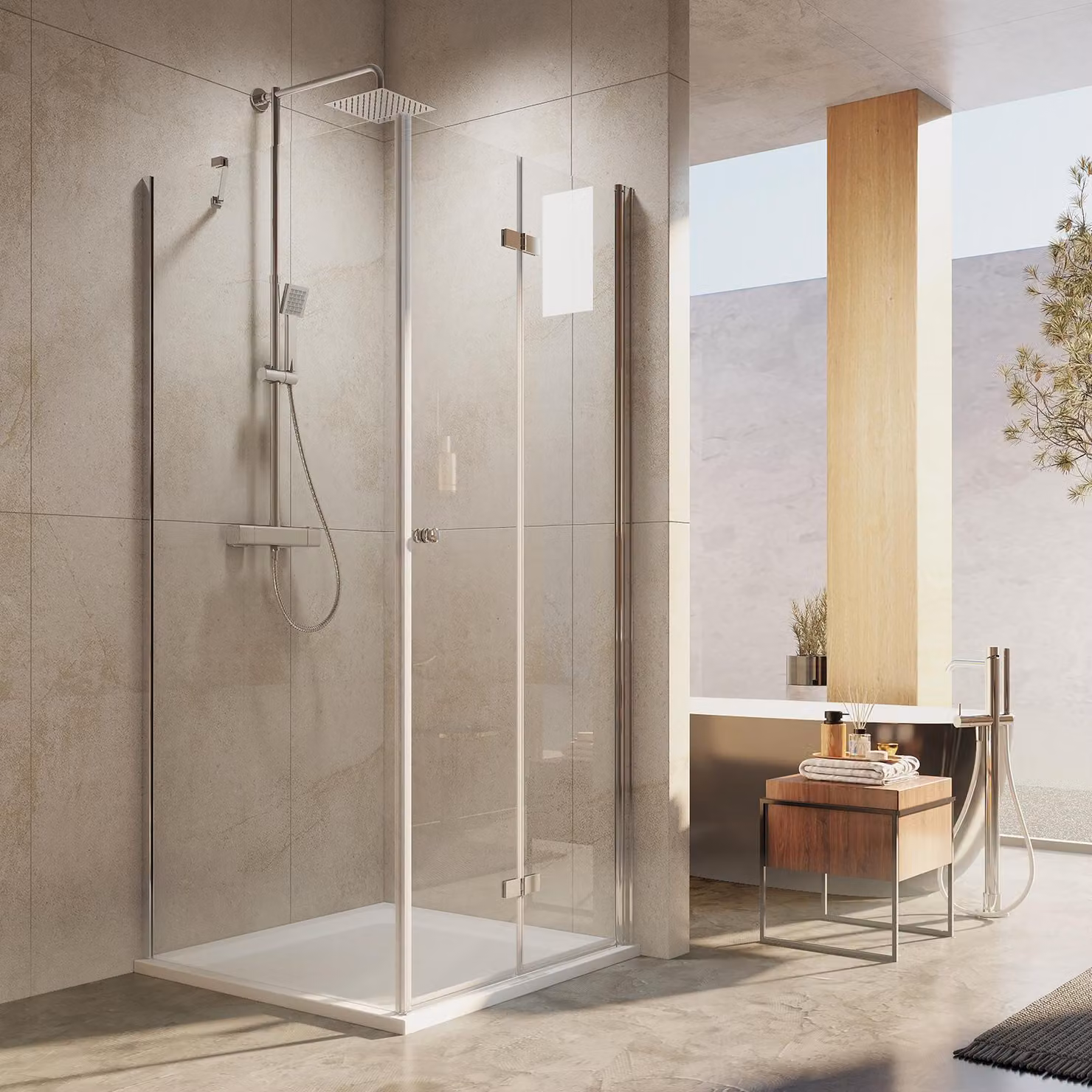 Cabina doccia EMKE 100x90x185 cm con ingresso angolare, porta doccia con parete laterale, porta a battente o pieghevole in vetro di sicurezza ESG da 6 mm, incl. barra di stabilizzazione