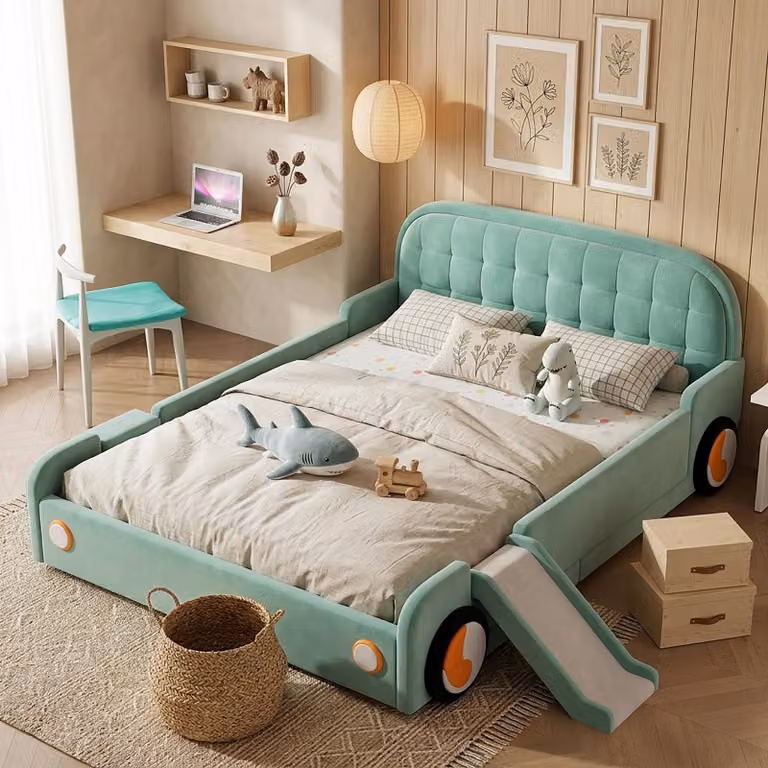 Letto imbottito Merax, modello "auto", 140x200 cm, con scivolo, letto per bambini, letto gioco con scaletta montabile a sinistra o a destra, dotato di protezioni laterali e bordi imbottiti, colore blu-verde