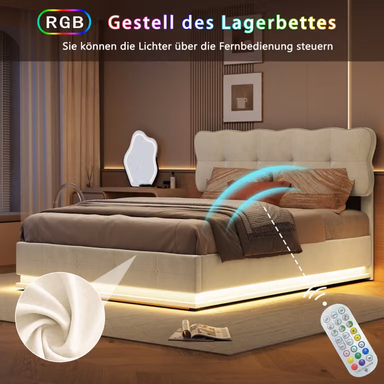 UnboxG Letto imbottito 140x200cm con LED, letto matrimoniale con rete a doghe in metallo e contenitore con rete idraulica, letto funzionale, velluto, beige