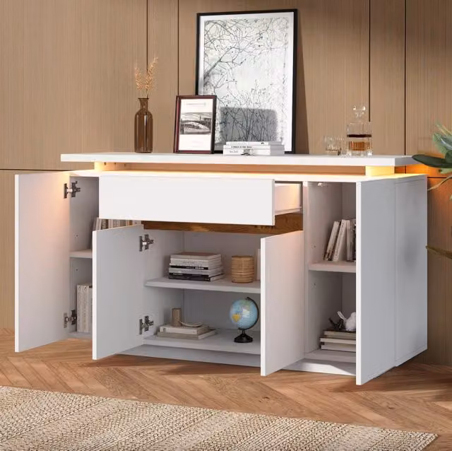 Credenza con illuminazione LED interna; 1 cassetto; 2 ripiani regolabili; 140 x 40 x 80 cm; bianca