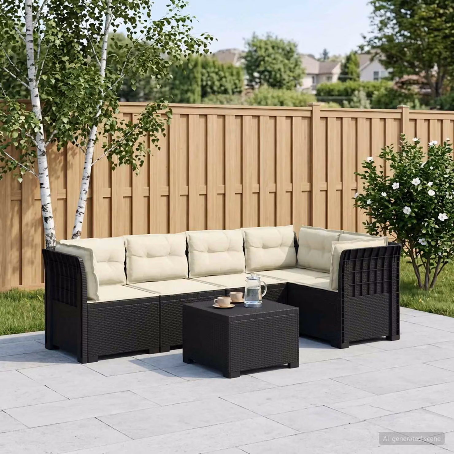 Set da giardino vidaXL a forma di L in polyrattan con cuscini antracite e beige