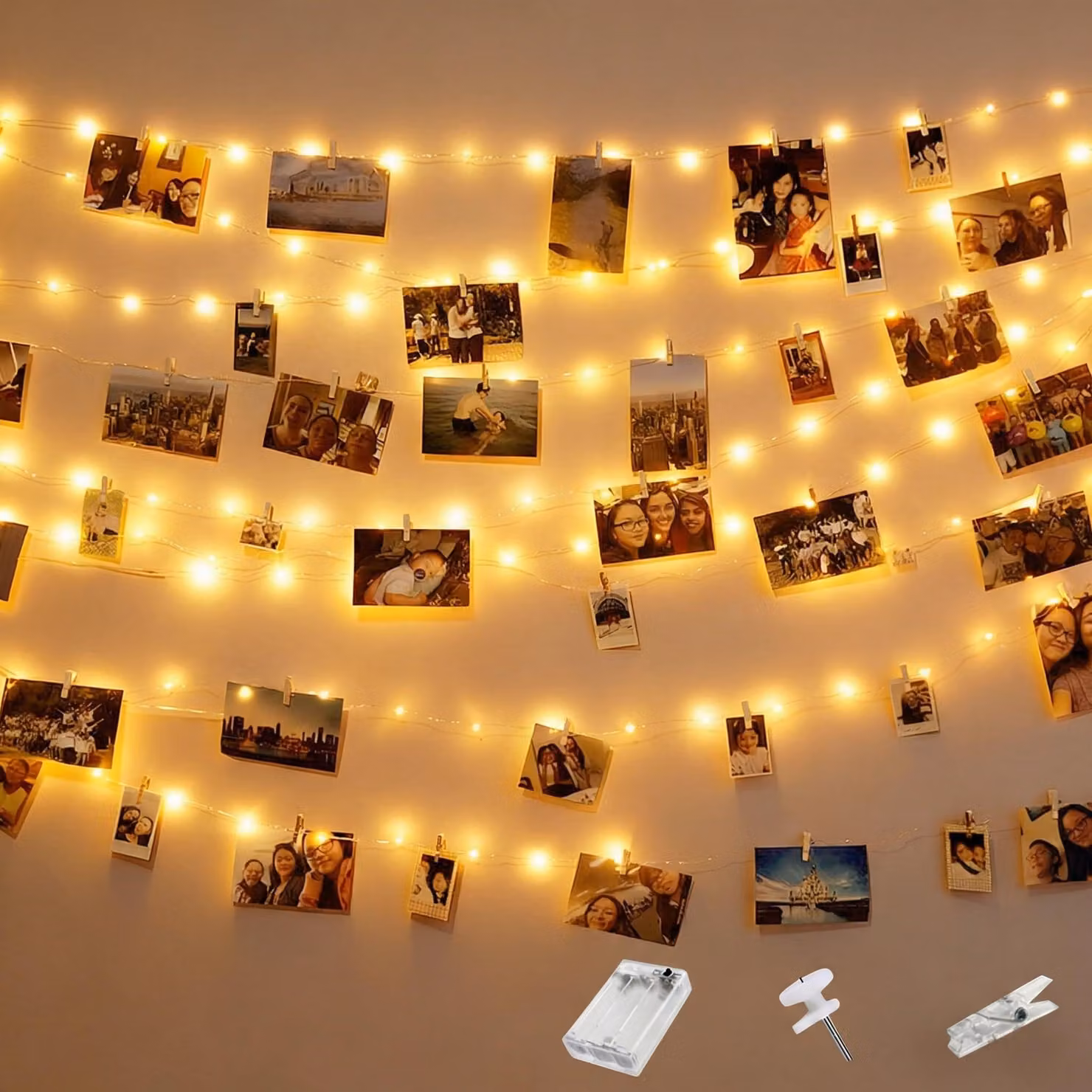 Catena luminosa a LED, 5 metri, 50 LED, 30 clip, timer, luce bianco caldo