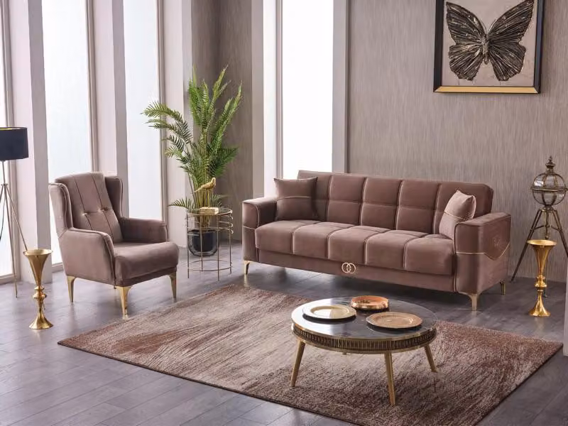 Garnitur Dreisitzer Sessel Polstersofa Braun Stoffsofa Couch Sofa 2tlg