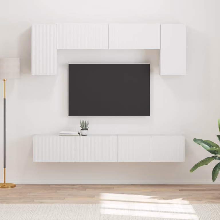 Set mobile TV moderno vidaXL in 4 pezzi, colore bianco, in legno ingegnerizzato MDF