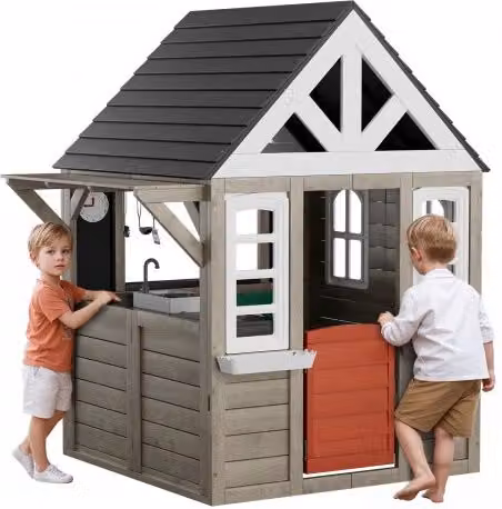 Casetta da gioco per bambini VEVOR in legno multicolore con porta, finestra, supporto per vaso di fiori, griglia, fornello e lavello, L: 126 cm, P: 140,3 cm, H: 166 cm