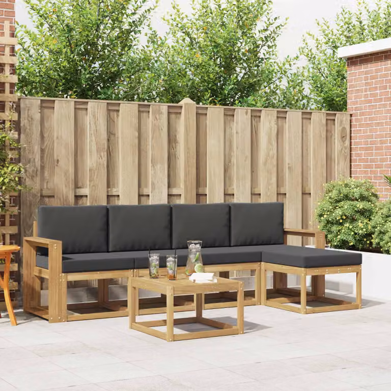 vidaXL Set di divani da esterno a forma di L composto da 6 pezzi in legno di acacia con cuscini Bianco e Antracite