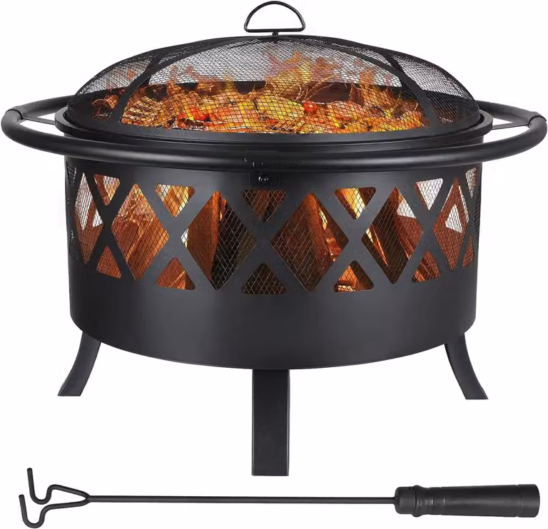 Braciere da esterno da 76 cm - 3-in-1: braciere, barbecue, protezione antiscintille. Griglia per barbecue, ideale per l'uso in giardino. Realizzato in ghisa, con rivestimento in polvere