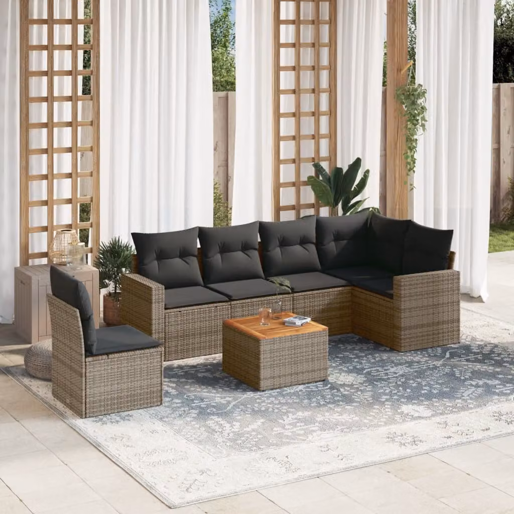 vidaXL Set Divani da Giardino 7 pz in Polyrattan con Cuscini Grigio e Marrone con Tavolino da Caffè e Design a L – 1