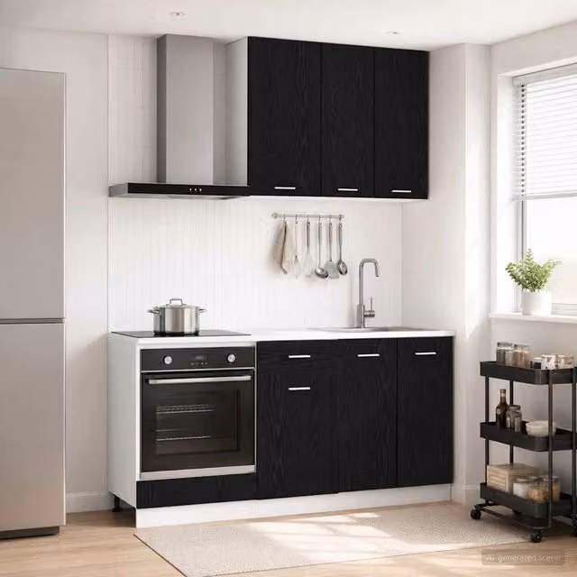 Unità cucina moderna vidaXL in 5 pezzi in legno e MDF colore nero e rovere con ante a battente e cassetti interni – 1